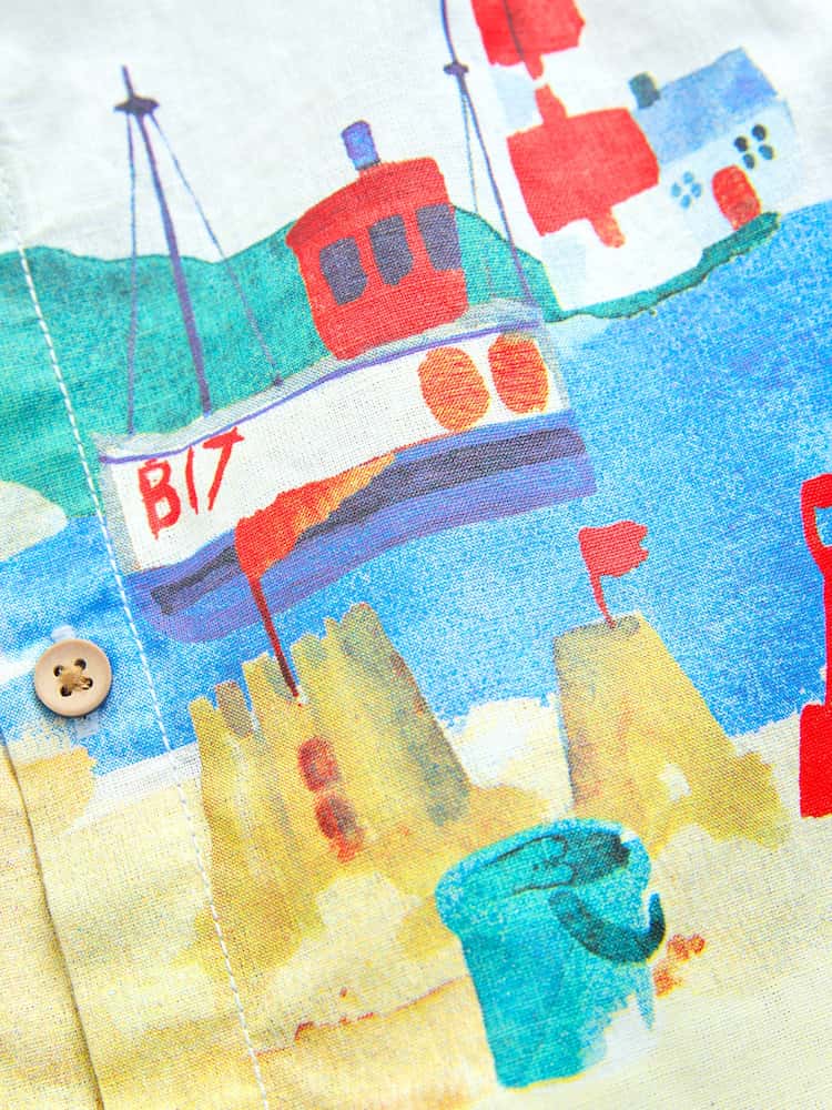 |Boy| Camisa De Manga Curta Com Estampa De Cena Litorânea Azul e Gola Padre (3 meses a 7 anos)