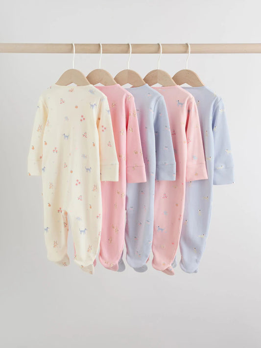 |BabyBoy| Conjunto Com 5 Macacões Para Bebês Com Zíper Duplo e Estampas Em Tons Pastel (0-2 anos)