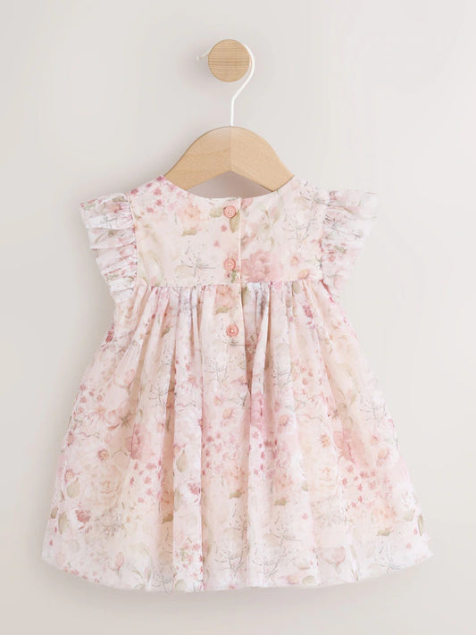 |BabyGirl| Vestido De Bebê Rosa Floral Em Tule (0 meses a 2 anos)