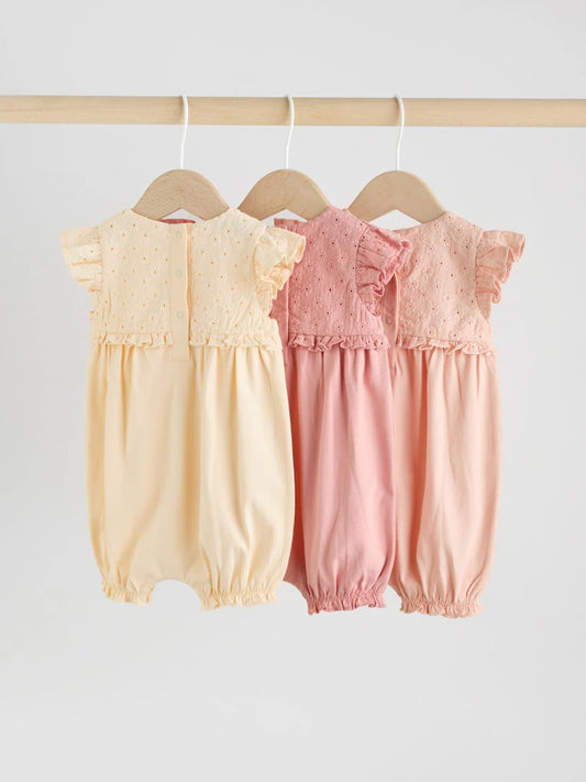 |BabyGirl| Conjunto Com 3 Macacões De Bebê Estampados Em Rosa