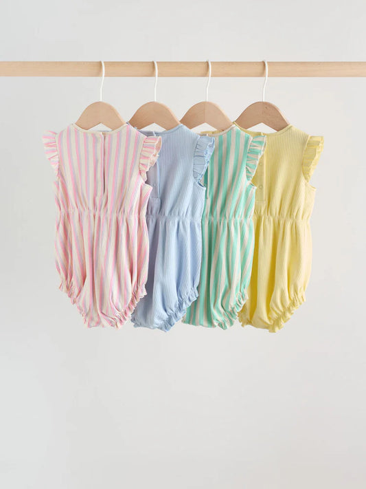 |BabyGirl| Conjunto Com 4 Macacões De Bebê Com Babados Nos Ombros e Listras Em Tons Pastel