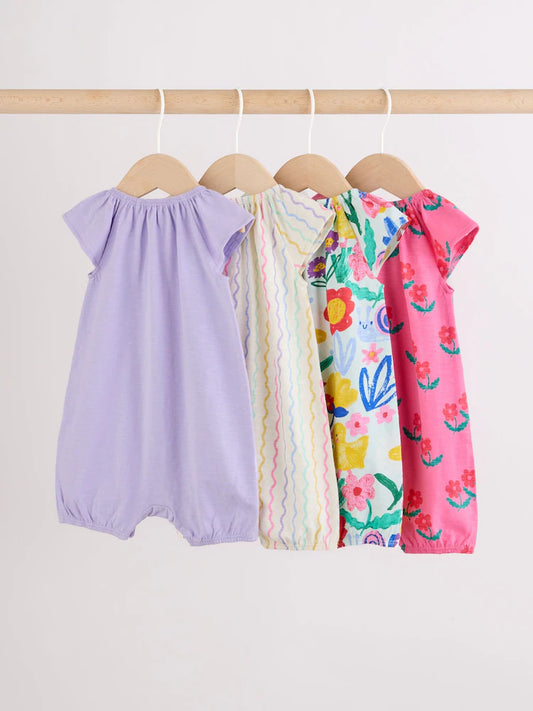 |BabyGirl| Conjunto Com 4 Macacões De Bebê Em Malha Floral Multicolorida