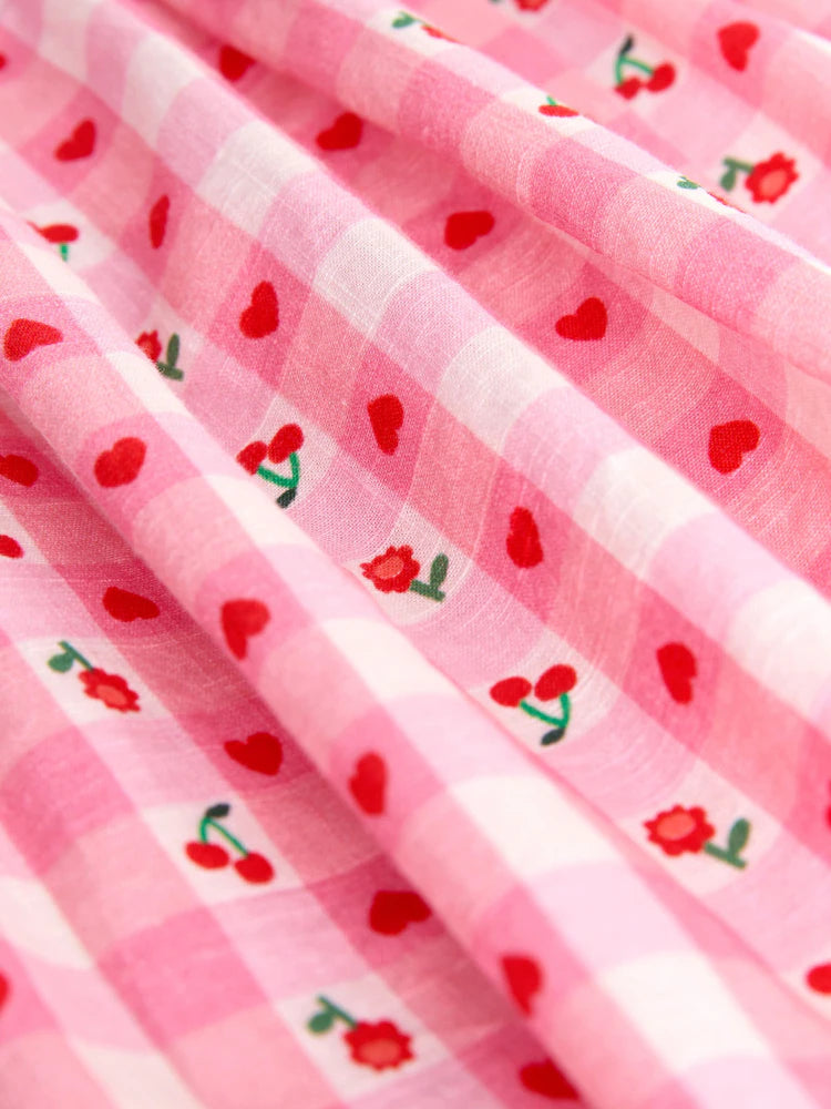 |Girl| Vestido Xadrez Rosa Com Estampa De Cerejas e Mangas Com Babados Duplos (3 meses a 8 anos)