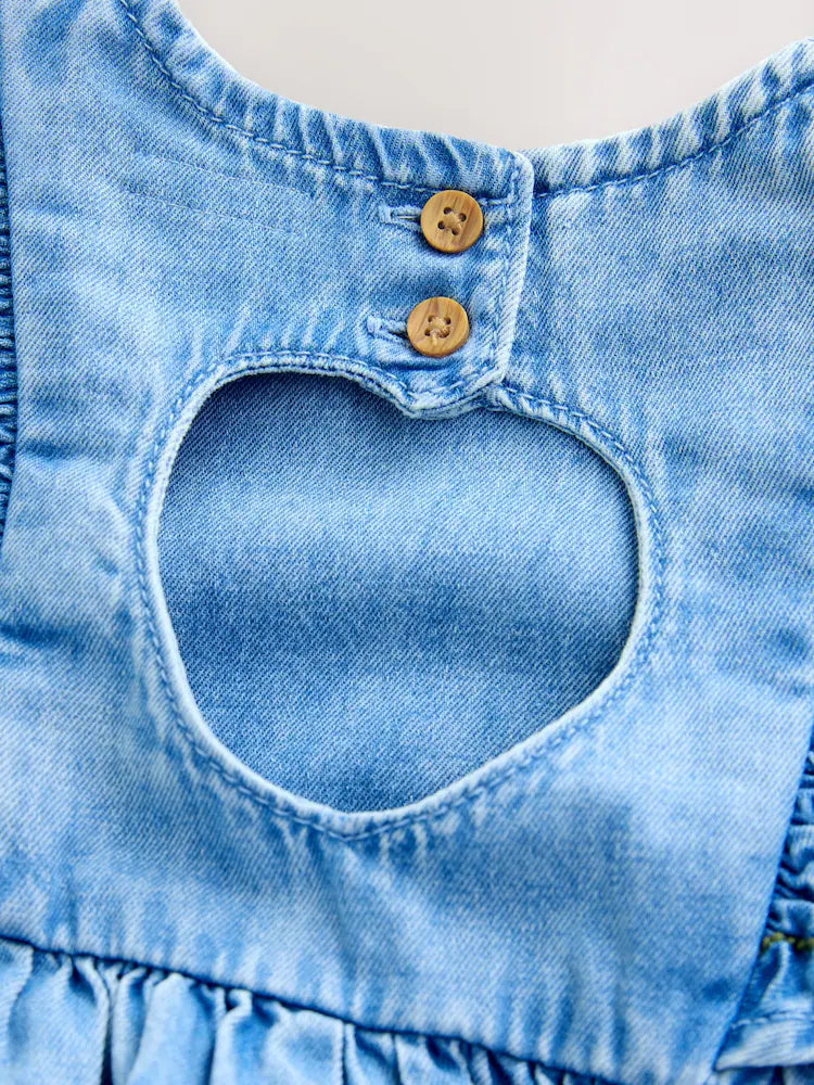 |Girl| Vestido Jeans Azul-Médio com Mangas com Babados (3 meses a 8 anos)