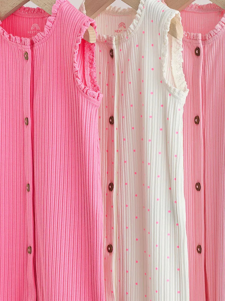 |BabyGirl| Conjunto De 3 Macacões De Bebê Em Malha De Pernas Largas Com Botões Tonais Rosa