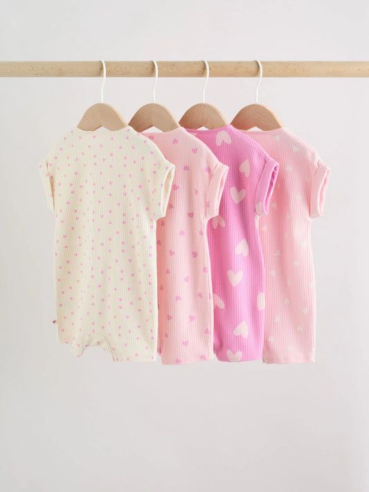 |BabyGirl| Conjunto De 4 Macacões De Bebê Rosa Com Estampa De Corações Em Tons Pastel