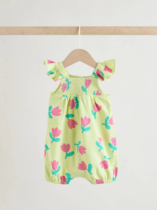 |BabyGirl| Conjunto De 2 Macacões De Bebê Com Estampa Floral Roxa e Verde e Detalhes Franzidos