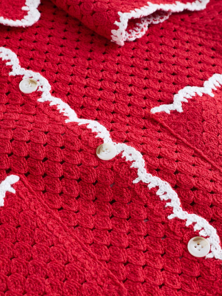 |Girl| Conjunto De Crochê Com Borda Ondulada Vermelha (3 meses a 7 anos)
