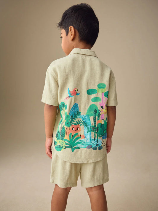 |Boy| Conjunto De Camisa De Manga Curta Com Gola Redonda e Shorts Com Estampa De Selva verde claro (3 meses a 7 anos)