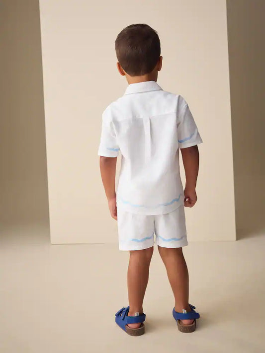 |Boy| Conjunto De Camisa De Manga Curta e Shorts Com Bordado De Vida Marinha Branca (3 meses a 10 anos)