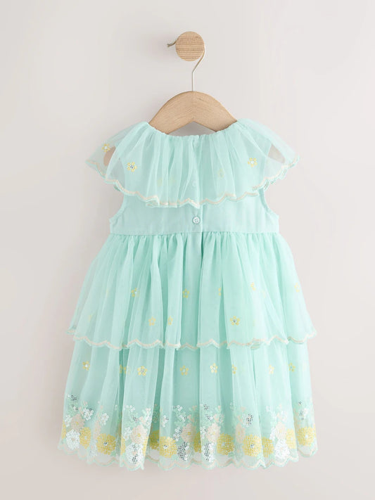 |Girl| Vestido Azul De Tule Bordado (3 meses a 7 anos)