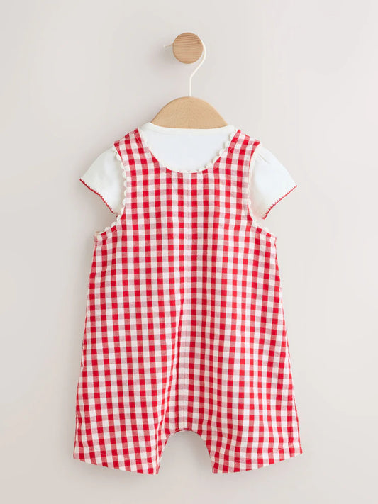 |BabyGirl| Conjunto De 2 Peças Para Bebê: Jardineira e Bodies Com Estampa Xadrez Vichy Vermelho (0 meses a 2 anos)