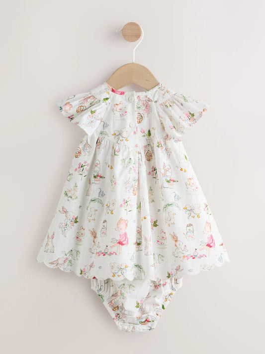 |BabyGirl| Conjunto De Vestido e Calcinha De Bebê Em Tecido Branco Com Estampa De Personagens (2 peças, de 0 meses a 2 anos)