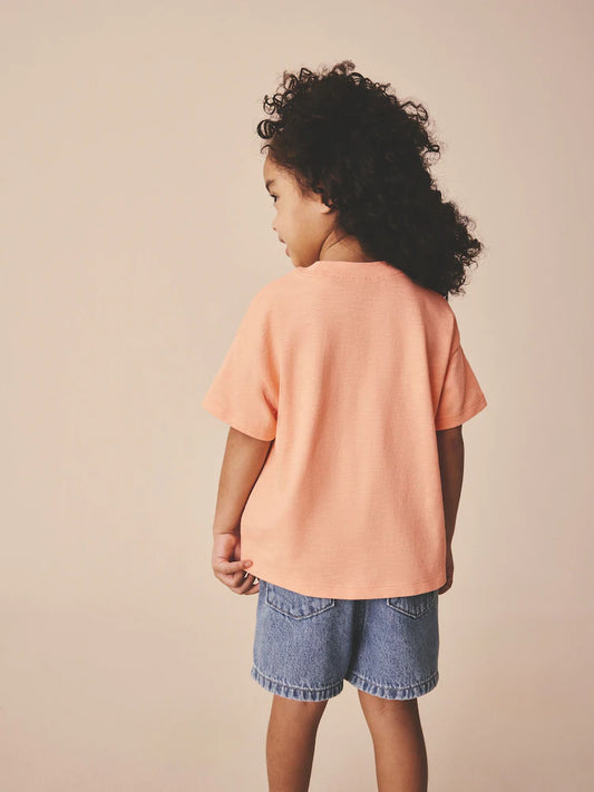 |Girl| Camiseta De Manga Curta Com Aplique De Flor Nas Cores Laranja e Pêssego (3 meses a 7 anos)