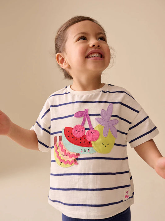 |Girl| Conjunto De Camiseta De Manga Curta Azul/Cru e Bermuda De Ciclismo (3 meses a 7 anos)