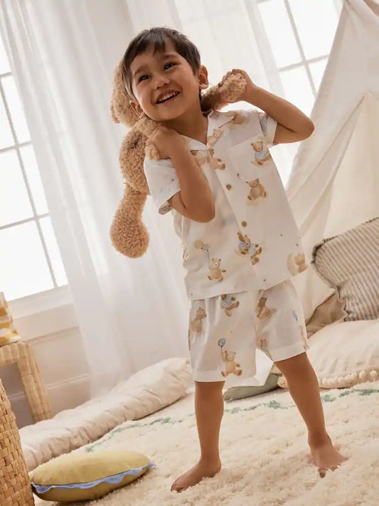 |Boy| Pijama Curto Creme Com Estampa De Ursinho e Fechamento Por Um Botão (9 meses a 8 anos)