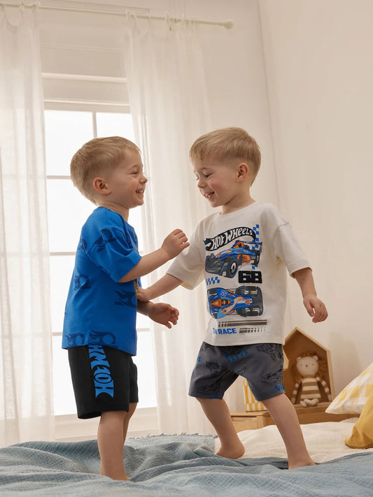 |Boy| Conjunto De 2 Pijamas Curtos Hot Wheels Azul/Branco (12 meses a 10 anos)