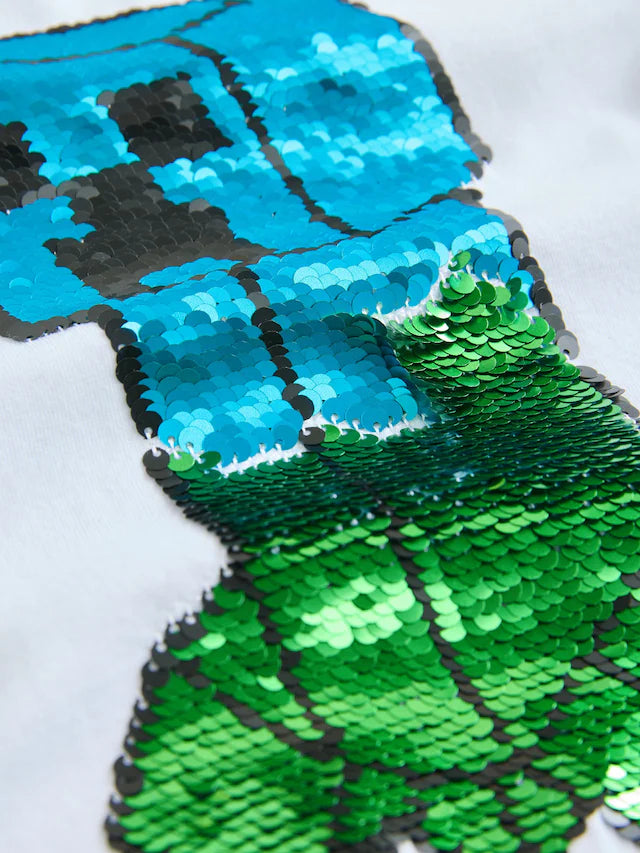 |BigBoy| Camiseta Minecraft Flippy Sequin Branca/Verde (3-16 anos)