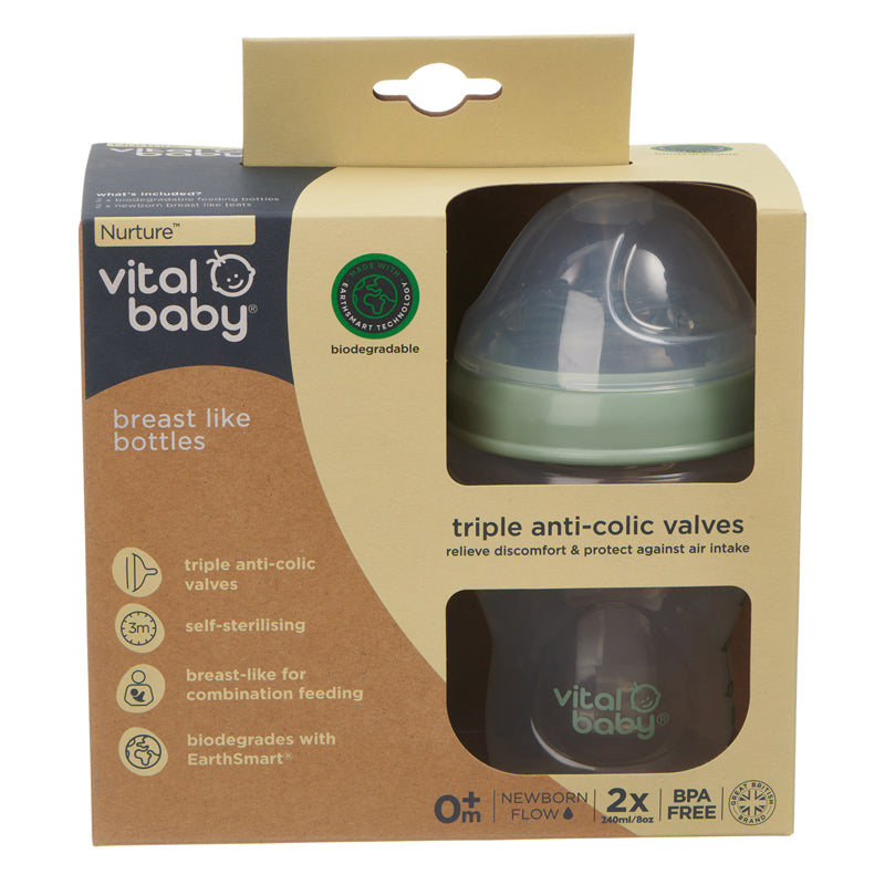 Vital Baby Mamadeira Nurture com design semelhante ao seio materno, 240ml, pacote com 2 unidades.