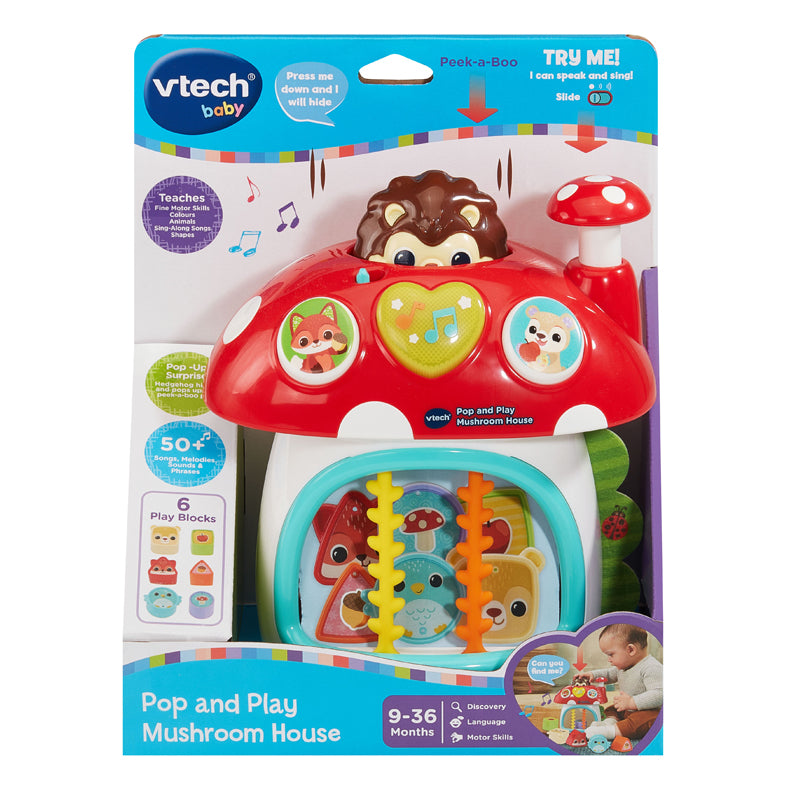 VTech Casinha de cogumelo Pop and Play com ouriço-cacheiro para brincar de esconde-esconde em uma floresta encantadora.
