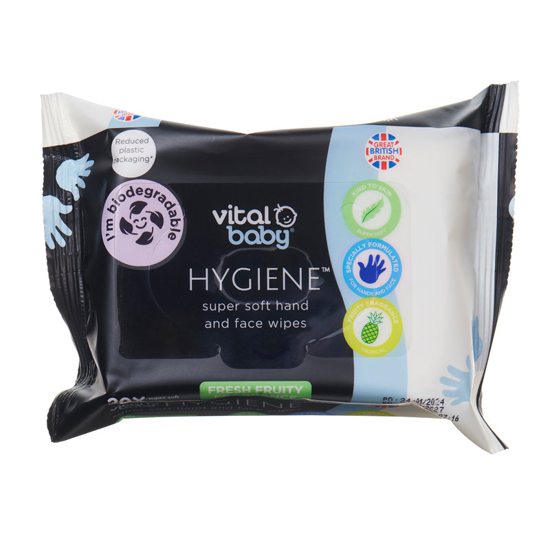 Vital Baby Lenços umedecidos super macios para mãos e rosto Hygiene - Fragrância frutada fresca, pacote com 30 unidades