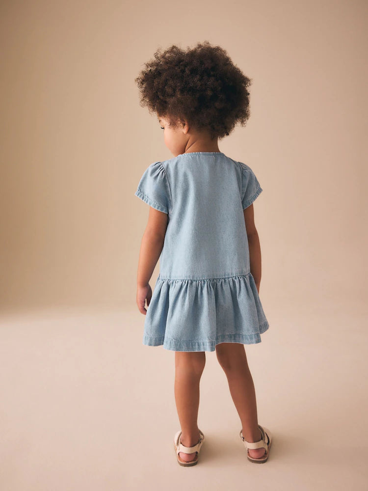 |Girl| Vestido Curto De Algodão Azul Jeans Com Mangas Curtas (3 meses a 8 anos)