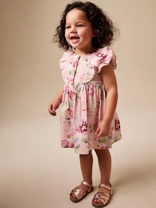 |Girl| Vestido Rosa Floral Com Mangas Duplas Franzidas (3 meses a 8 anos)