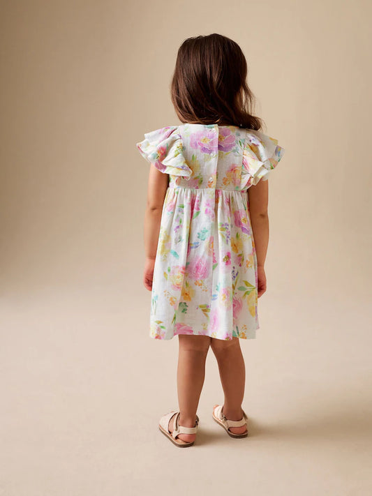 |Girl| Vestido Lilás Floral De Linho Com Mangas Franzidas (3 meses a 8 anos)