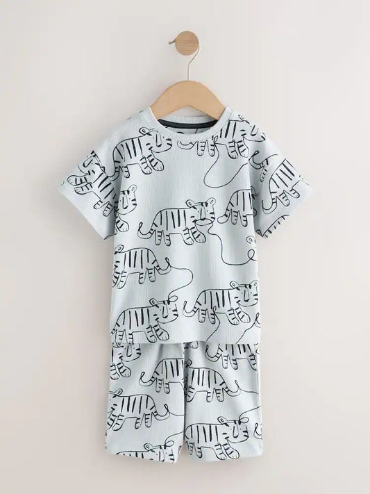 |Boy| Conjunto De 3 Pijamas Curtos Com Estampa Linear Azul/Cinza (9 meses a 10 anos)