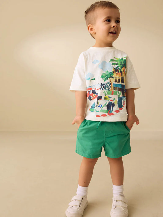 |Boy| Camiseta De Manga Curta Com Estampa Nas Costas De Cena De Corrida De Carros Em aquarela creme (3 meses a 7 anos)