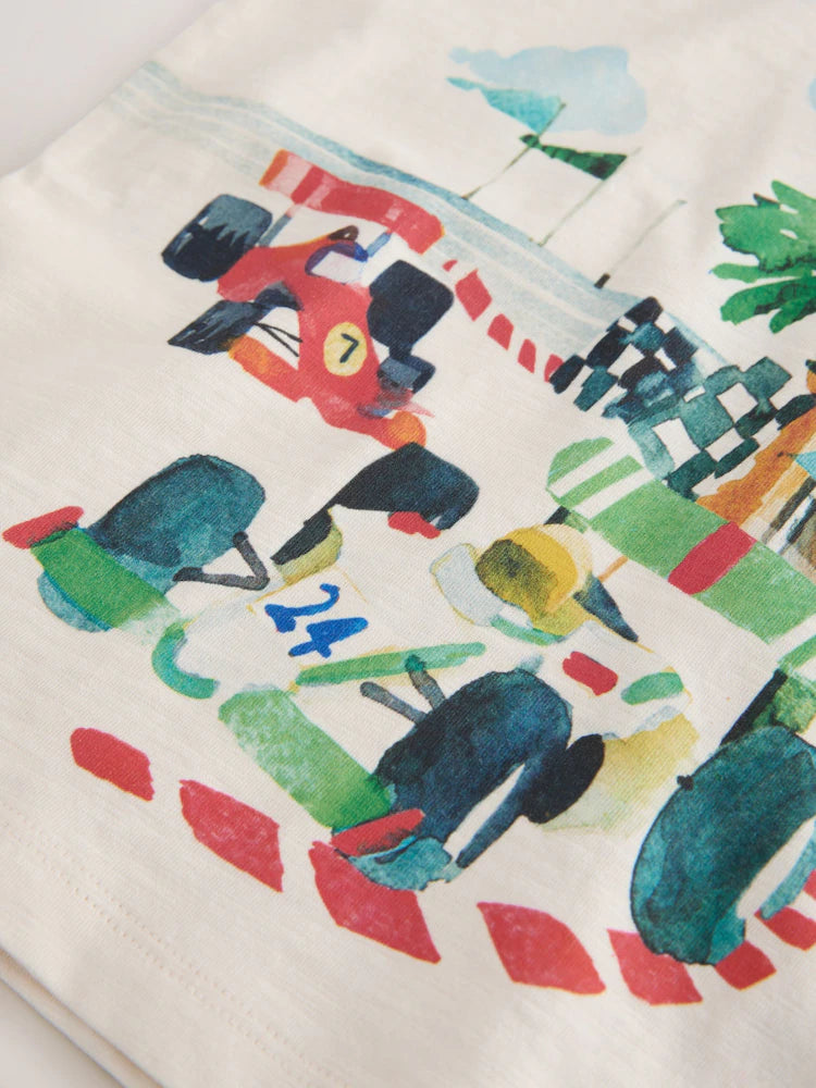 |Boy| Camiseta De Manga Curta Com Estampa Nas Costas De Cena De Corrida De Carros Em aquarela creme (3 meses a 7 anos)
