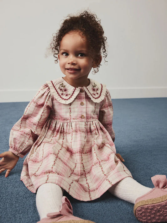 |Girl| Vestido De Manga Longa Com Gola e Estampa Xadrez Rosa (3 meses a 8 anos)