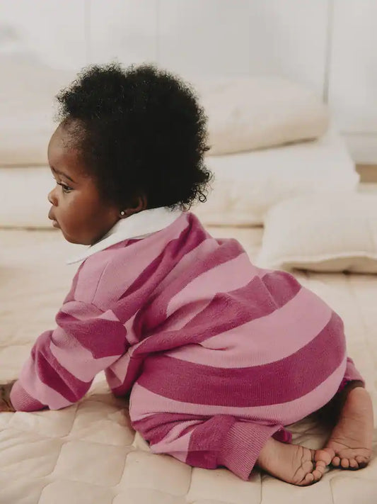 |BabyGirl| Macacão de Bebê em Malha com Gola e Listras Rosas (0 meses a 2 anos)