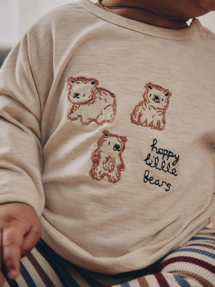 |BabyBoy| Conjunto De Bebê com Estampa de Urso (Tons Neutros) – Blusa e Legging (0 meses a 2 anos)