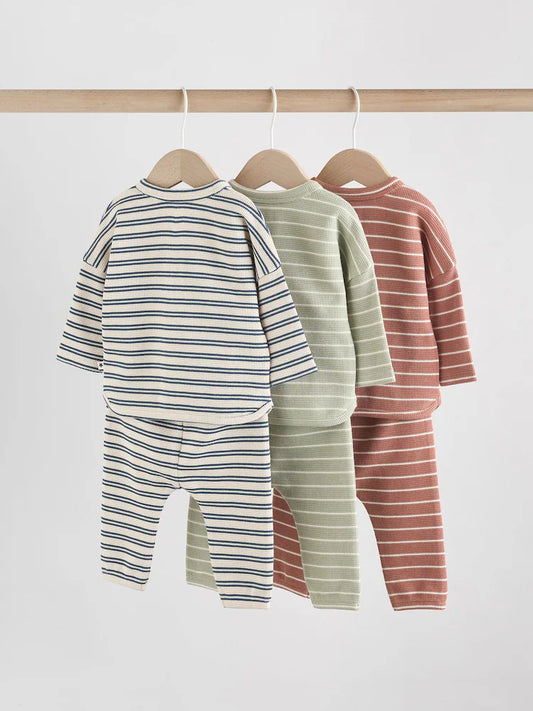 |BabyBoy| Conjunto de 6 peças com blusa e leggings listradas (verde/azul/marrom) para bebês (0 meses a 3 anos)