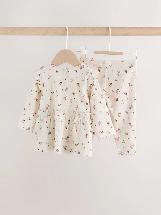 |BabyGirl| Conjunto De Bebê: Blusa Peplum Floral Cru e Legging (0 meses a 2 anos)