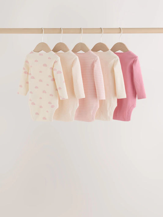 |BabyGirl| Kit com 5 Bodies de Manga Longa para Bebê – Cru/Rosa Nuvem