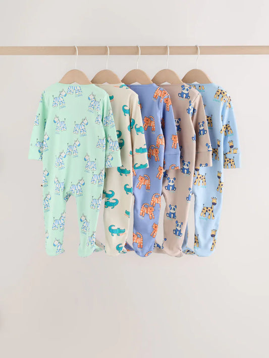 |BabyBoy| Kit Com 5 Macacões De Bebé com Estampado de Animais e Fecho Bidirecional (Azul, 0 aos 2 anos)