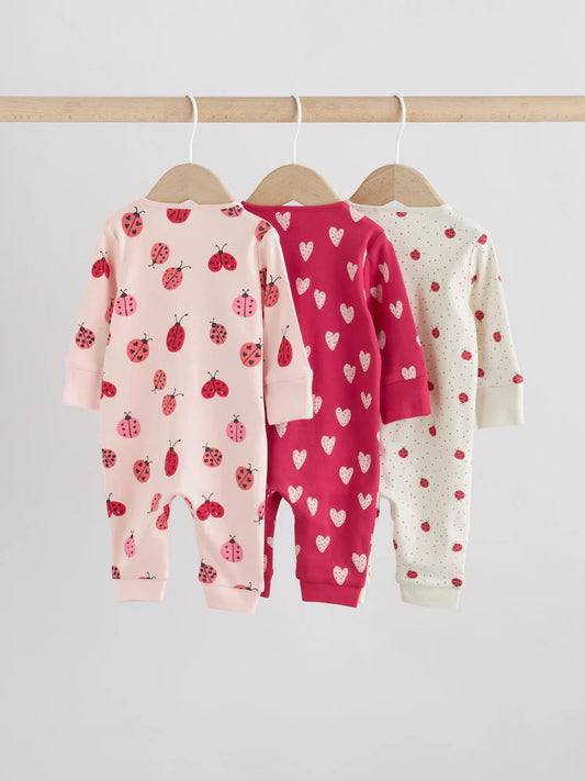 |BabyGirl| Kit com 3 Macacões de Bebê Vermelhos com Estampa de Joaninha e Zíper Bidirecional (0 meses a 3 anos)