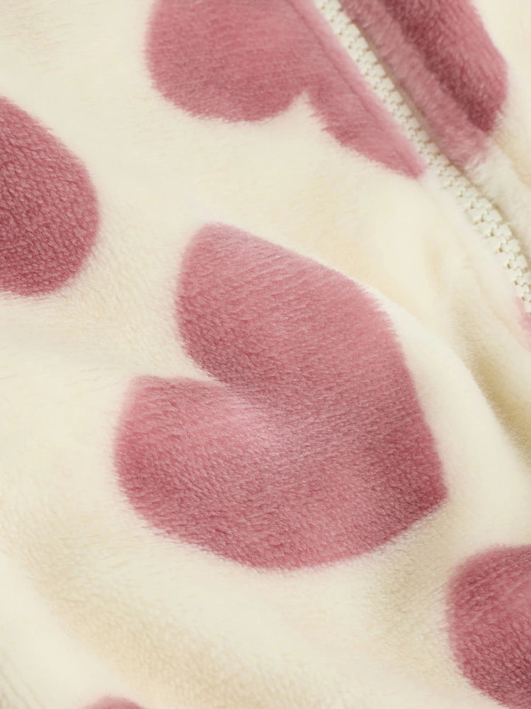 |BabyGirl| Macacão de Fleece com Zíper Bidirecional e Estampa de Corações (Cru/Rosa)