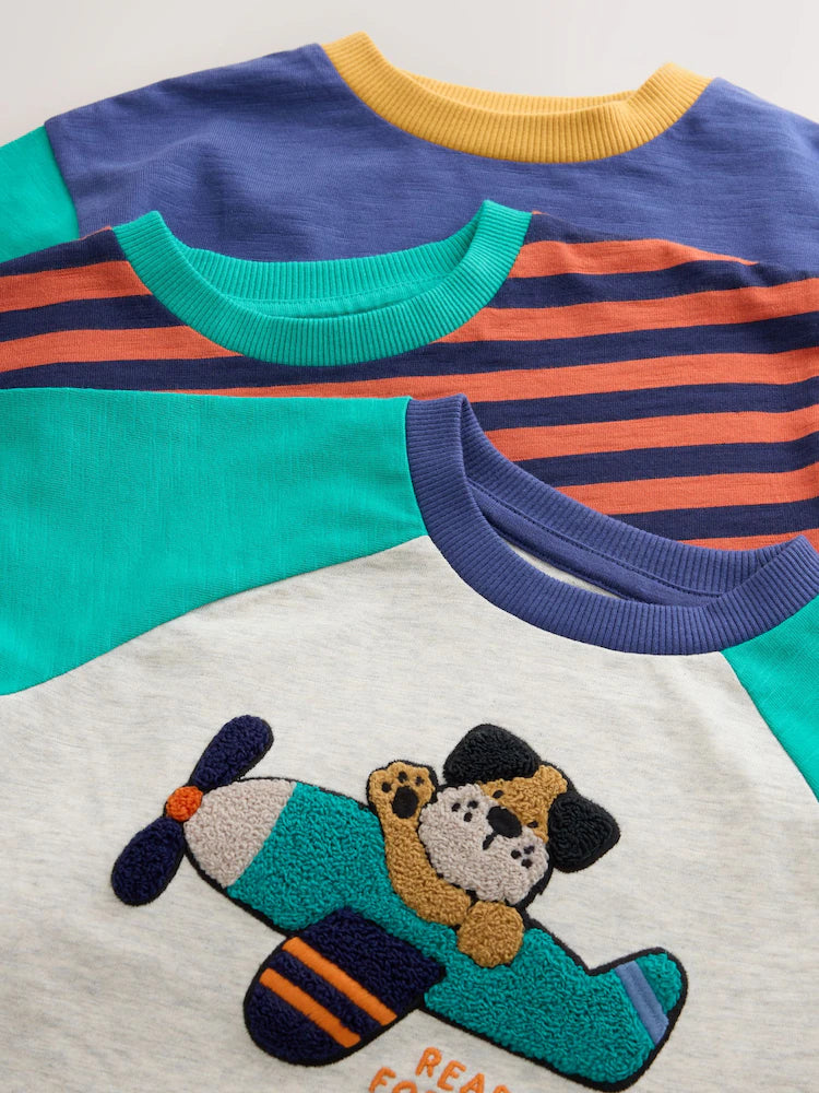 |Boy| Kit com 3 camisetas de manga longa com aplicação de avião e cachorro (cores: vermelho, azul-marinho e verde)