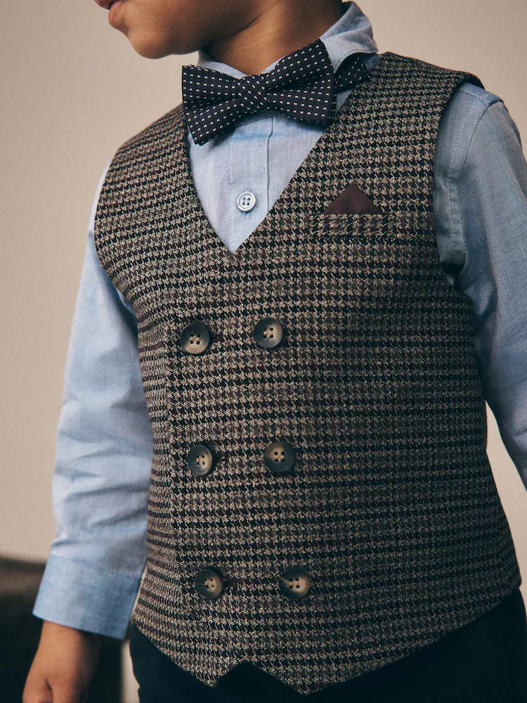 |Boy| Conjunto de Colete Cinza Xadrez Estilo Heritage com Camisa e Gravata-Borboleta (3 meses a 9 anos)