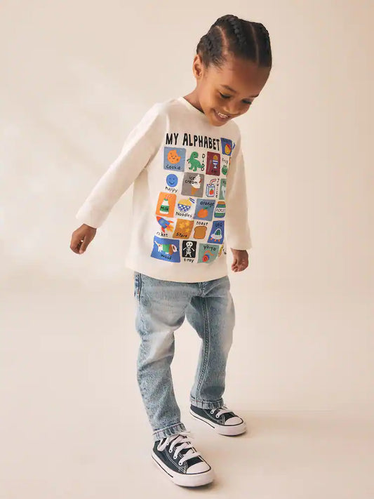 |Girl| Camiseta Branca de Manga Longa com Estampa de Alfabeto (3 meses a 7 anos)