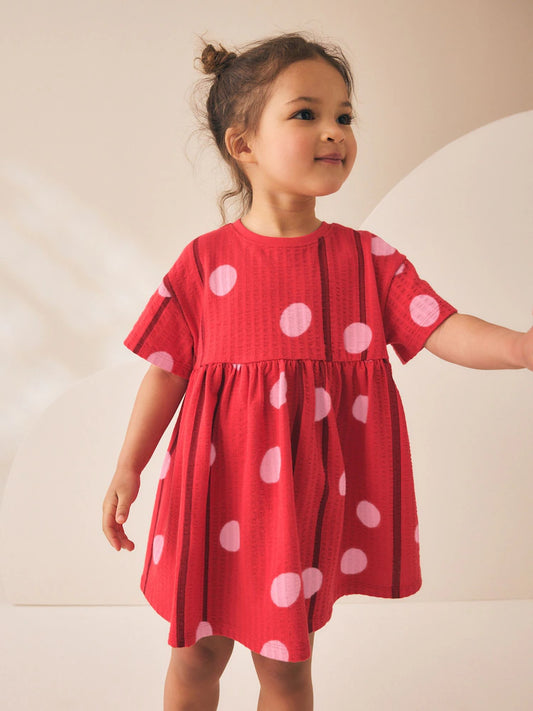 |Girl| Vestido De Malha De Manga Curta Com Estampa De Bolinhas Vermelhas e Rosas (3 meses a 7 anos)