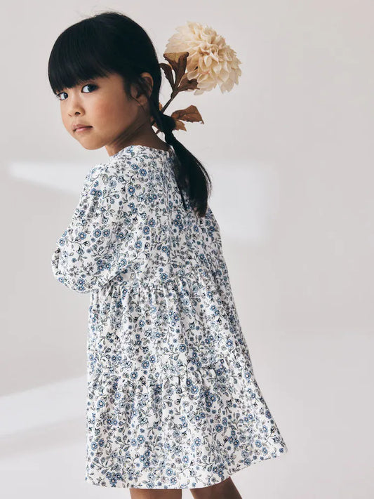 |Girl| Vestido de Manga Longa com Babados e Estampa Floral Miúda – Cru e Azul (3 meses a 7 anos)