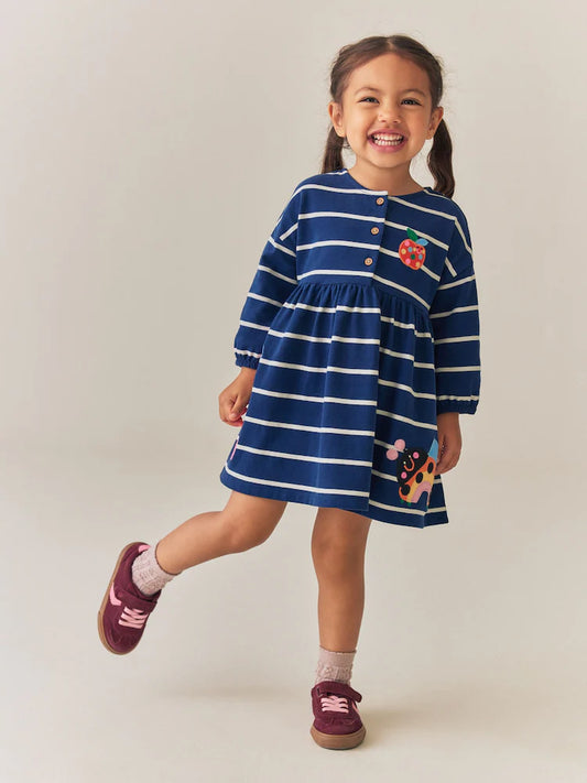 |Girl| Vestido De Malha De Manga Longa Com Listras Azul-Marinho e Estampa de Joaninha (3 meses a 7 anos)