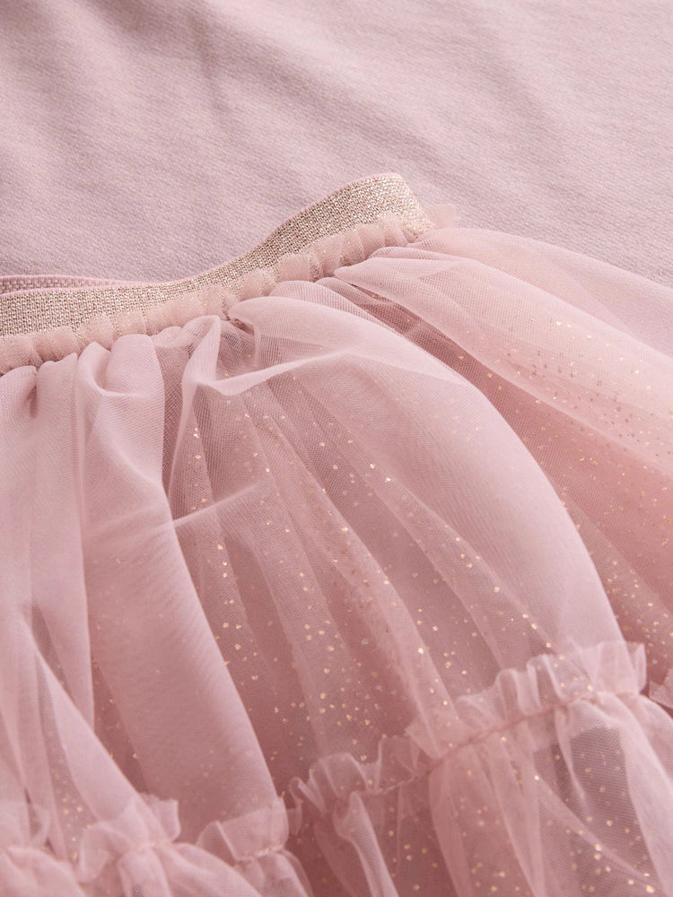 |Girl| Conjunto De Blusa De Manga Curta Rosa Com Detalhe Acolchoado De Coelhinho e Saia De Tule (3 meses a 7 anos)