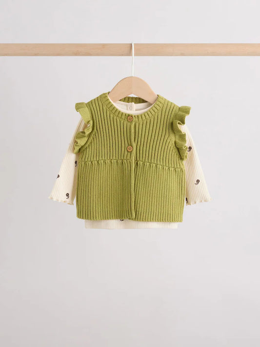 |BabyGirl| Conjunto De 3 Peças Para Bebé (0 meses a 2 anos): Colete De Malha (cru/verde) e conjunto de blusa e calças caneladas estampadas