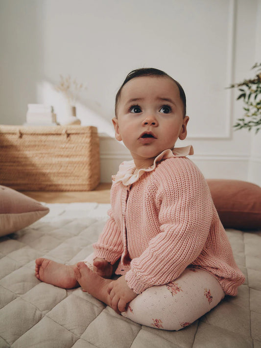 |BabyGirl| Conjunto De 3 Peças Para Bebê: Body Com Estampa Floral Branca, Legging e Casaquinho De Tricô Rosa (0 meses a 2 anos)