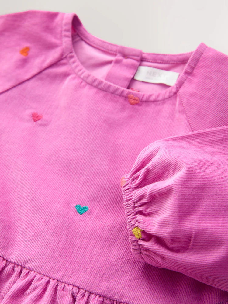 |Girl| Vestido de Veludo Cotelê Rosa-Magenta de Manga Longa (3 meses a 8 anos)